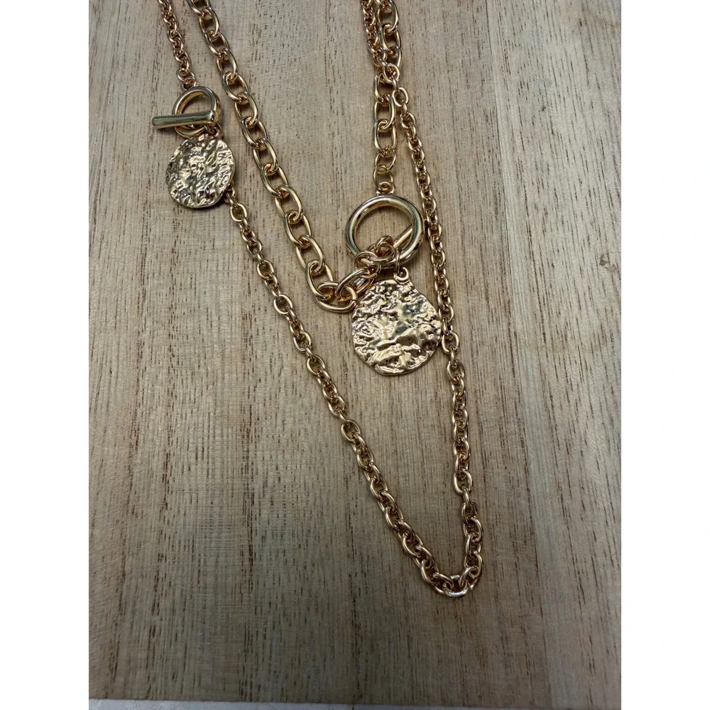 Gold Tone Layered Necklace & Bracelet Set Textured Coin Charms‎ Hypoallergenic